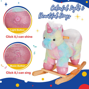 Glow Guards Baby Rocking Horse Plush Stuffed Unicorn Rocker， Musical Light up Wooden Riding Toys for Ages 1-3 Toddlers Kids Babies Ride Toy Gift (Unicorn)