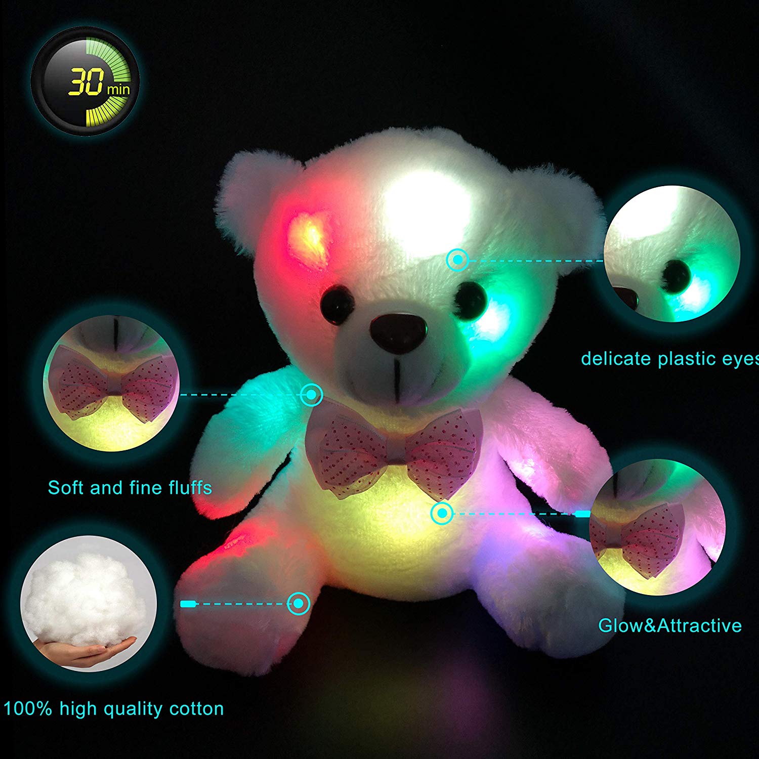 glow teddy bear night light soft toy LED stuffed animal, 8'' | Bstaofy - Glow Guards