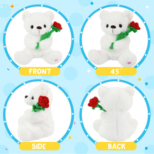 Houwsbaby Glow Teddy Bear with Rose Stuffed Animal Soft Light Up Plush Toy LED Night Lights Valentine’s Day Gifts for Kids Toddler Girlfriend Mother's Day, White, 10.5''