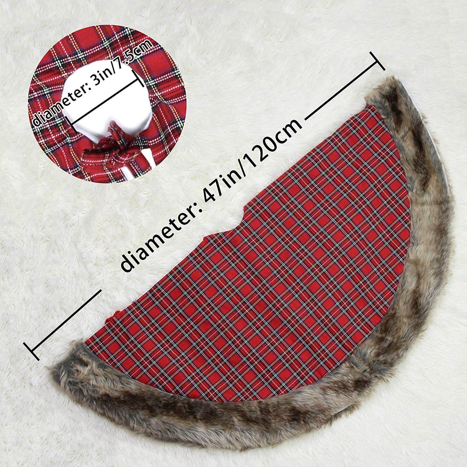 36''/48'' red buffalo Christmas tree skirt with faux fur trim| Bstaofy - Glow Guards