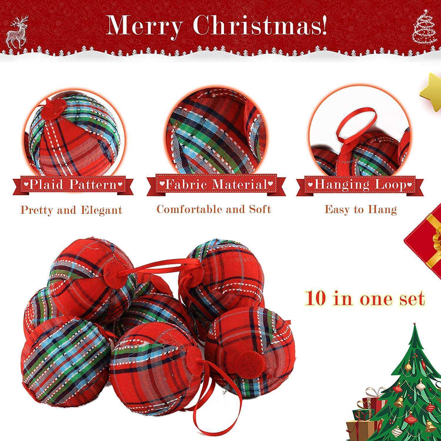 2.36" (60mm) red plaid Christmas balls ornaments, set of 10 | Bstaofy - Glow Guards