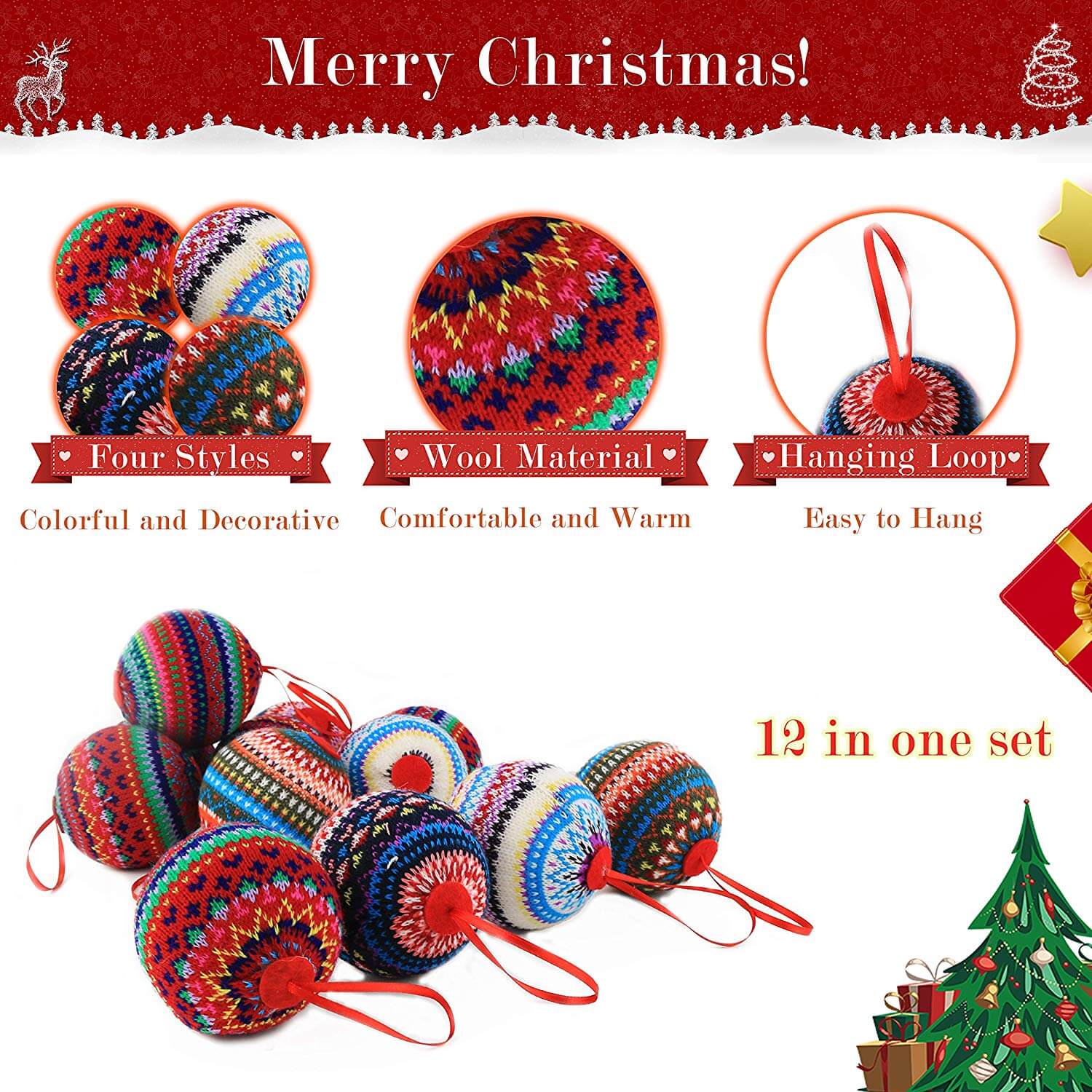 2.95" (75mm) knit Christmas balls ornaments | Bstaofy - Glow Guards