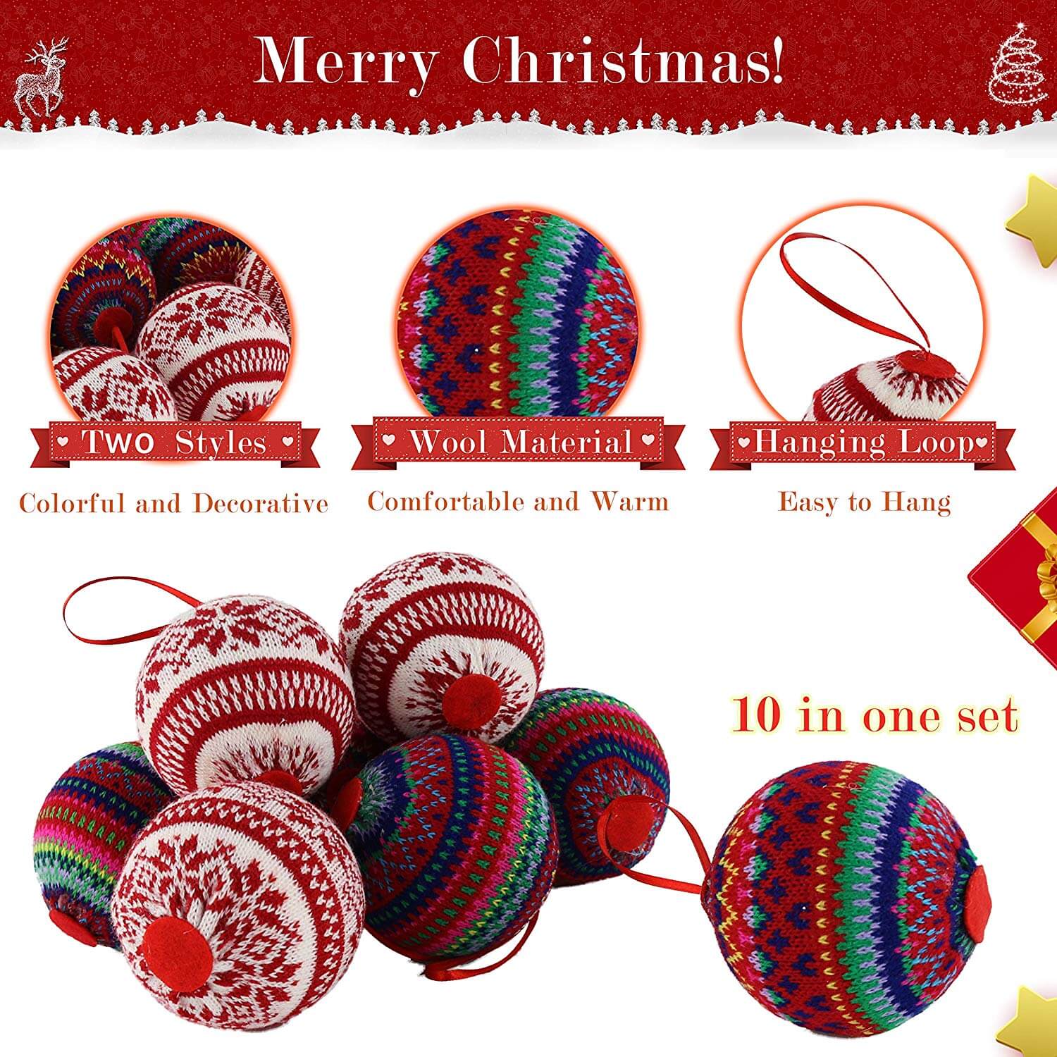 2.95" (75mm) knit Christmas balls ornament, 10 pcs | Bstaofy - Glow Guards
