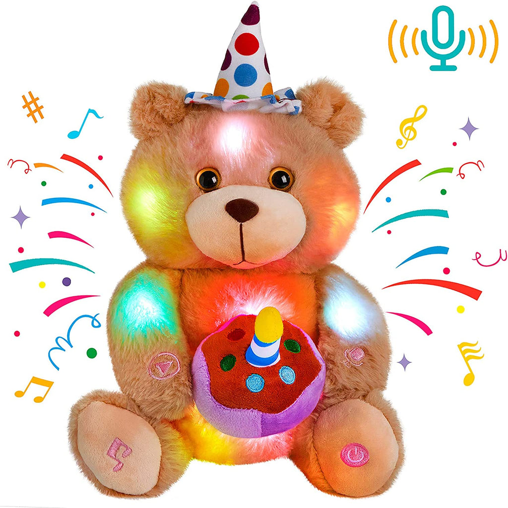 Glow Guards 12" Happy Birthday Teddy Bear Stuffed Animal with Cupcake and Candle Light up Electric Recordable Glowing Musical Singing Soft Plush Toy Christmas Birthday Gift for Kids, Brown
