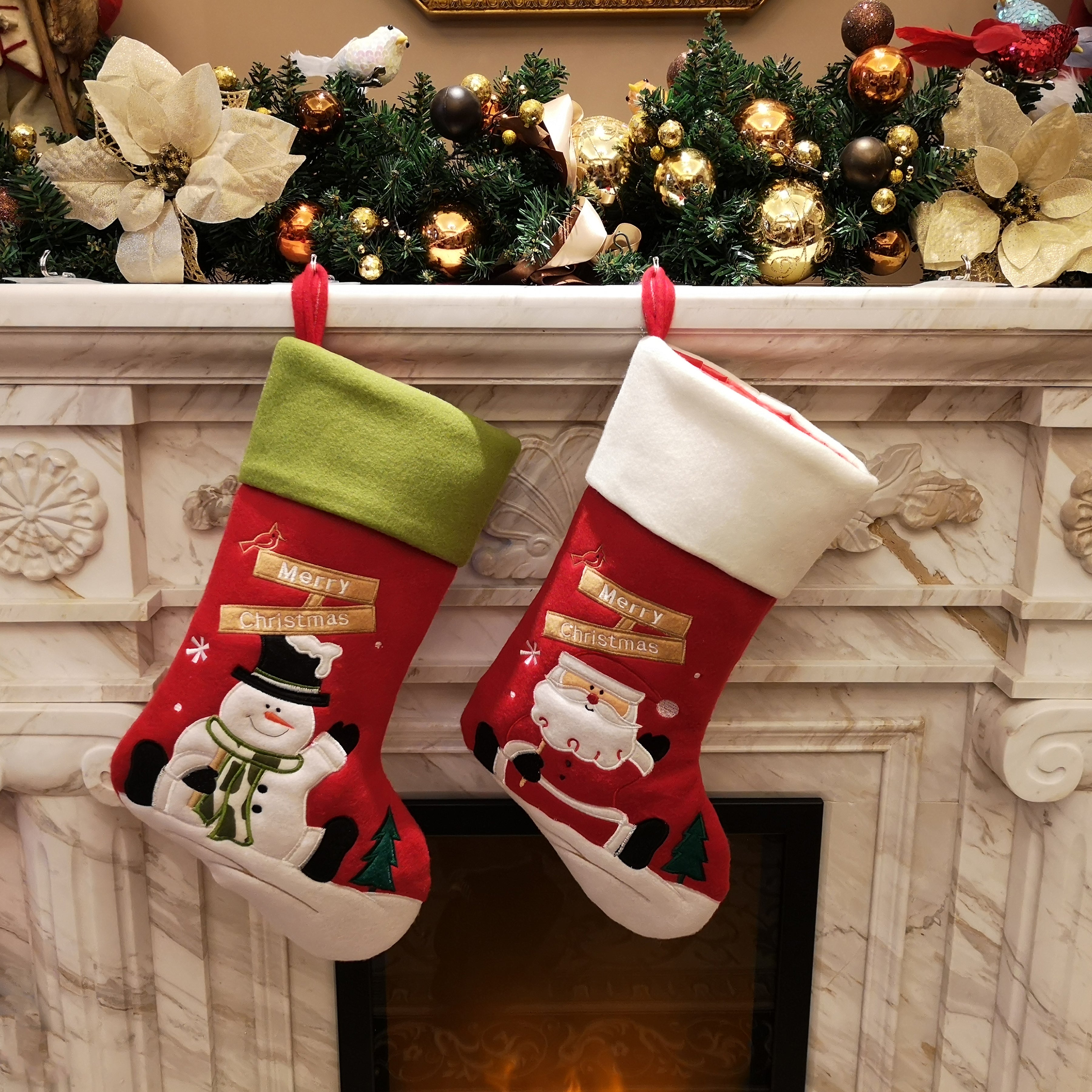 Classic Christmas Stockings Set of 2 Santa, Snowman, 17 inch (Style 1) - Glow Guards