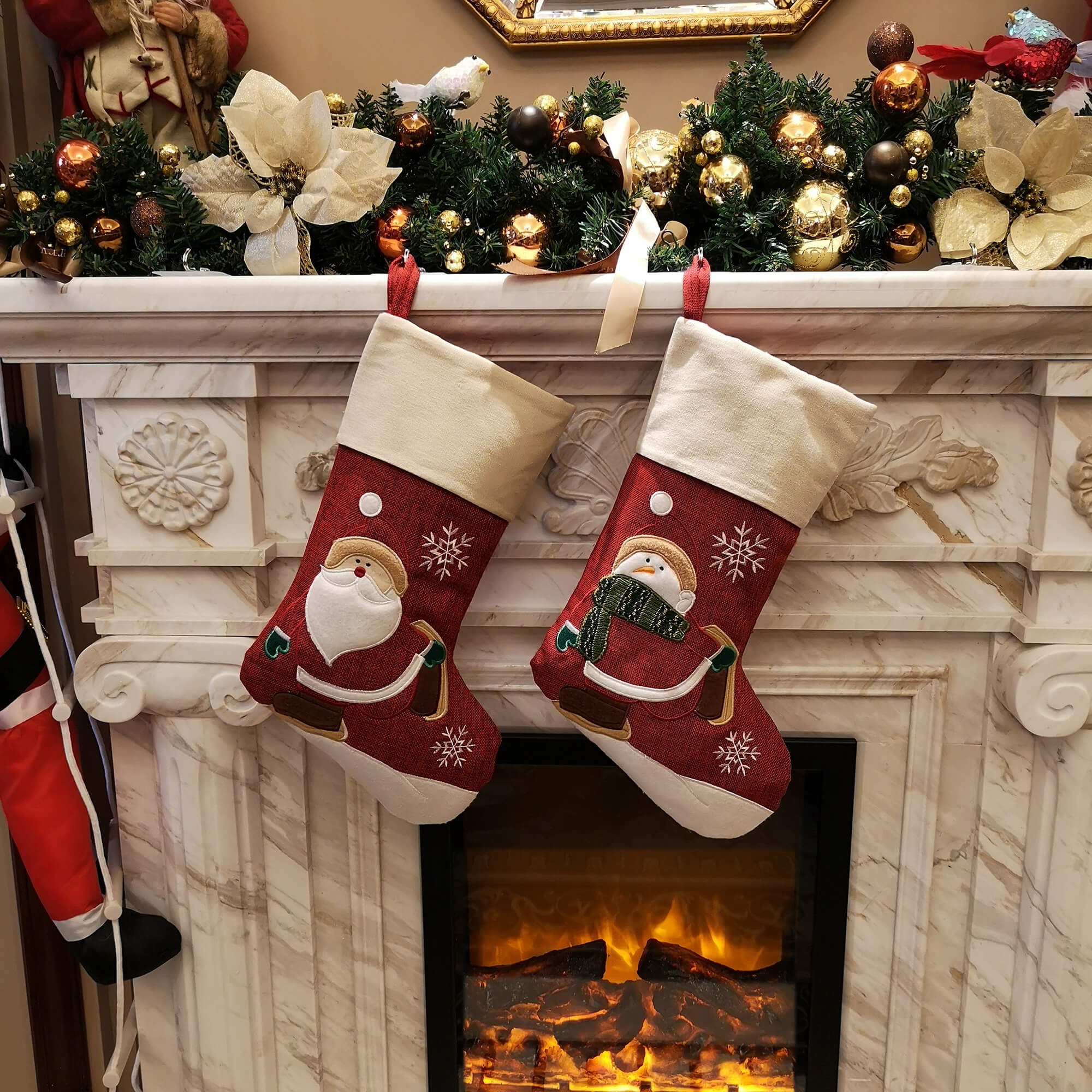 linen Christmas stockings set of 2 snowman and Santa, 17'' | Bstaofy - Glow Guards