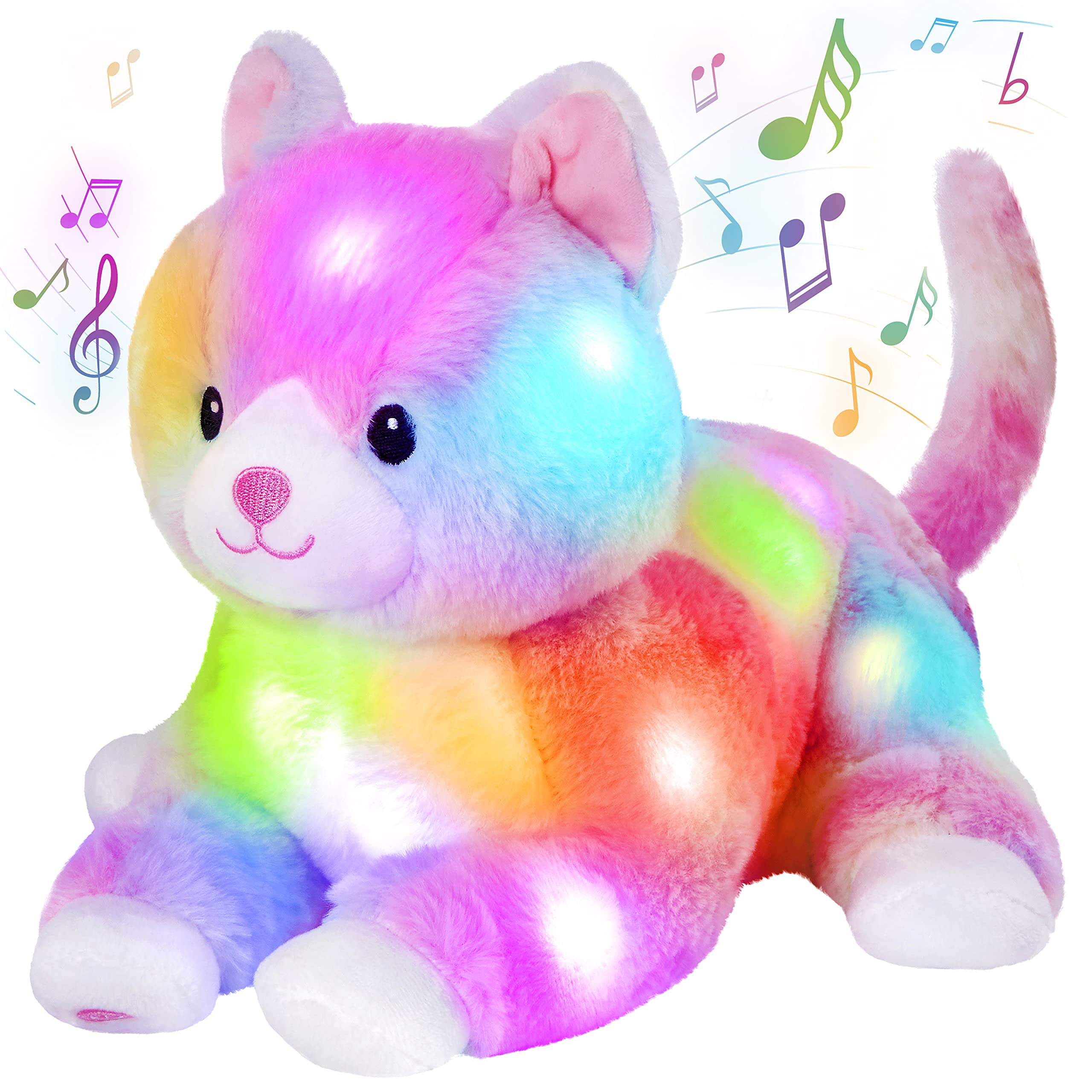 Glow Guards 13'' Lying Musical Light up Cat Plush Toy Rainbow Kitty Soft Stuffed Bed Night Light Birthday for Toddler Kids