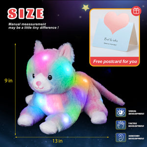Glow Guards 13'' Lying Musical Light up Cat Plush Toy Rainbow Kitty Soft Stuffed Bed Night Light Birthday for Toddler Kids