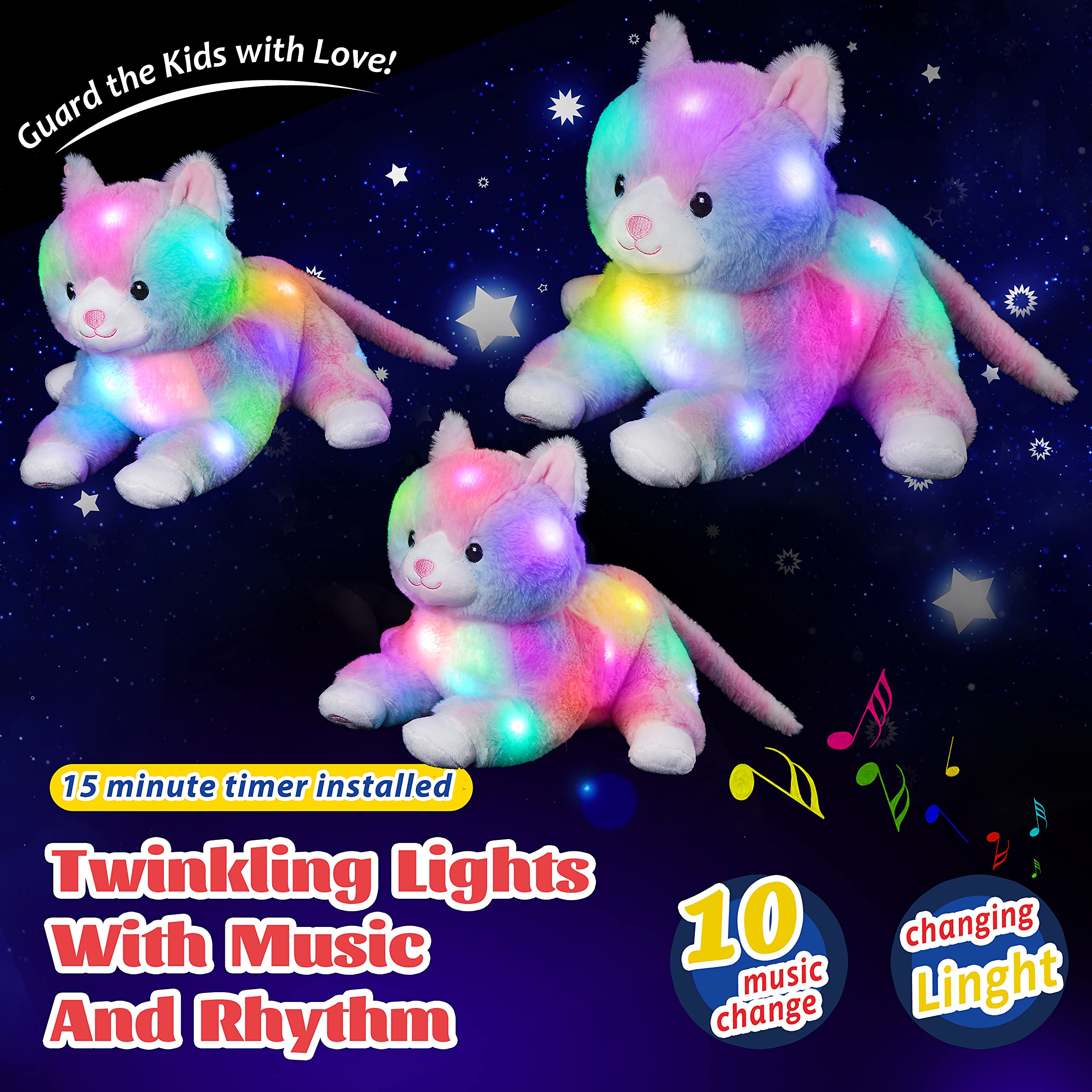 Glow Guards 13'' Lying Musical Light up Cat Plush Toy Rainbow Kitty Soft Stuffed Bed Night Light Birthday for Toddler Kids