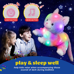 Glow Guards 13'' Lying Musical Light up Cat Plush Toy Rainbow Kitty Soft Stuffed Bed Night Light Birthday for Toddler Kids