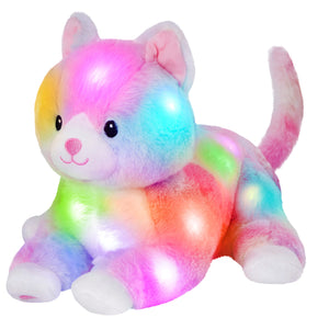 Glow Guards 13'' Lying Musical Light up Cat Plush Toy Rainbow Kitty Soft Stuffed Bed Night Light Birthday for Toddler Kids