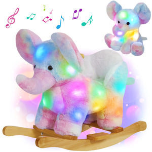 Glow Guards Safe Light up Musical Elephant Rocking Horse Set of 2 with Rainbow Elephant Plush Toy Baby Wooden Chair for Toddlers Girls and Babies (Elephant)