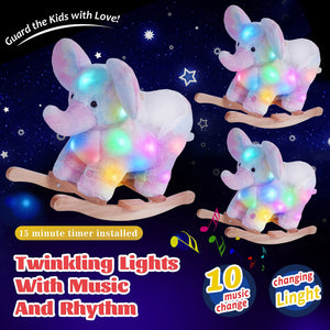 Glow Guards Safe Light up Musical Elephant Rocking Horse Set of 2 with Rainbow Elephant Plush Toy Baby Wooden Chair for Toddlers Girls and Babies (Elephant)