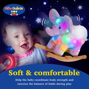 Glow Guards Safe Light up Musical Elephant Rocking Horse Set of 2 with Rainbow Elephant Plush Toy Baby Wooden Chair for Toddlers Girls and Babies (Elephant)