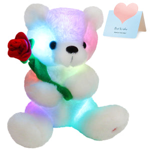 Houwsbaby Glow Teddy Bear with Rose Stuffed Animal Soft Light Up Plush Toy LED Night Lights Valentine’s Day Gifts for Kids Toddler Girlfriend Mother's Day, White, 10.5''