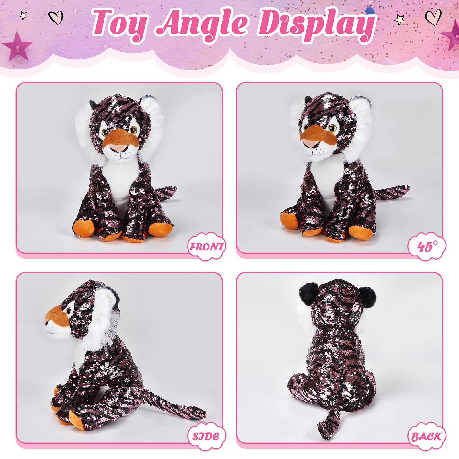 Athoinsu 12'' Sequin Tiger Plush Toy Stuffed Animal - Glow Guards