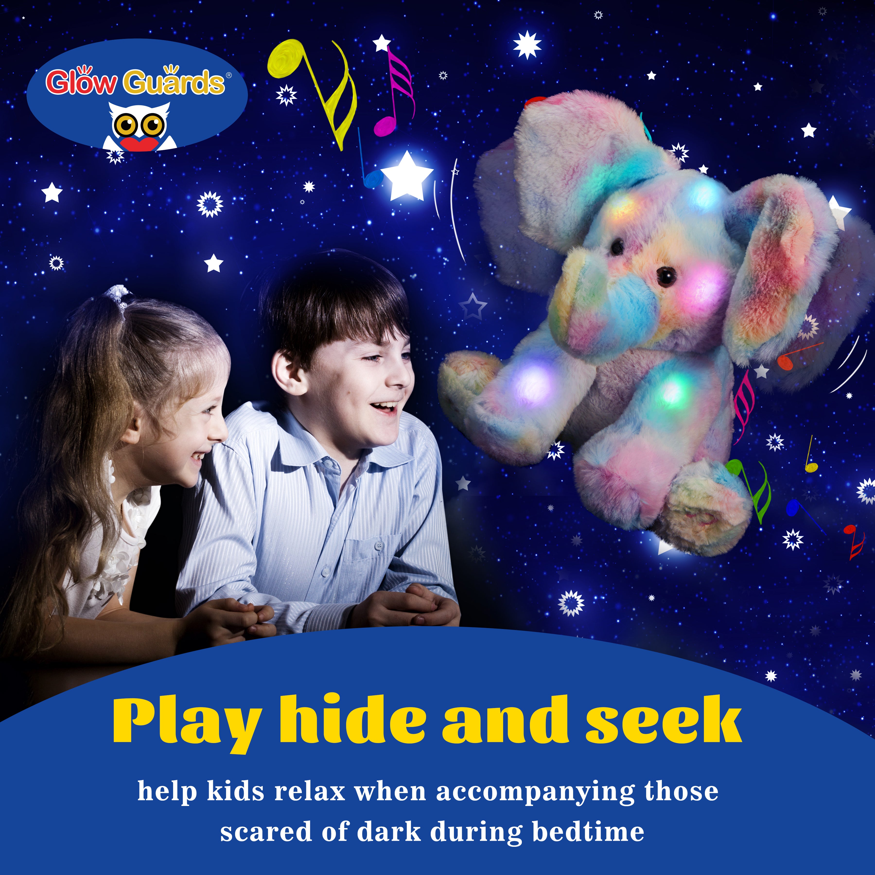Glow Guards 12’’ Light up Musical Electric Elephant Rainbow Plush - Glow Guards