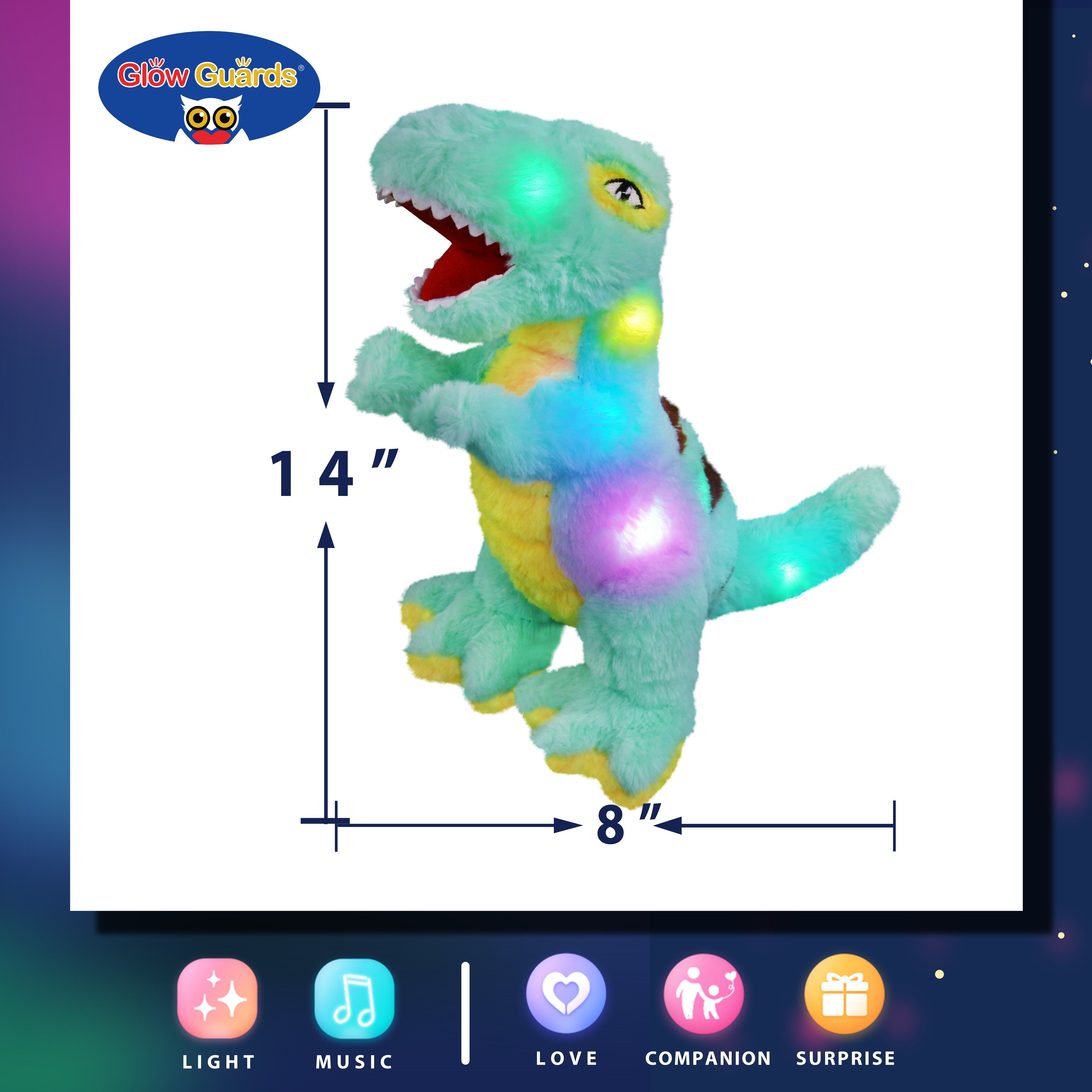 Glow Guards 14’’ Light up Musical T-Rex Stuffed Dinosaur Tyrannosaurus Soft Plush Toy - Glow Guards