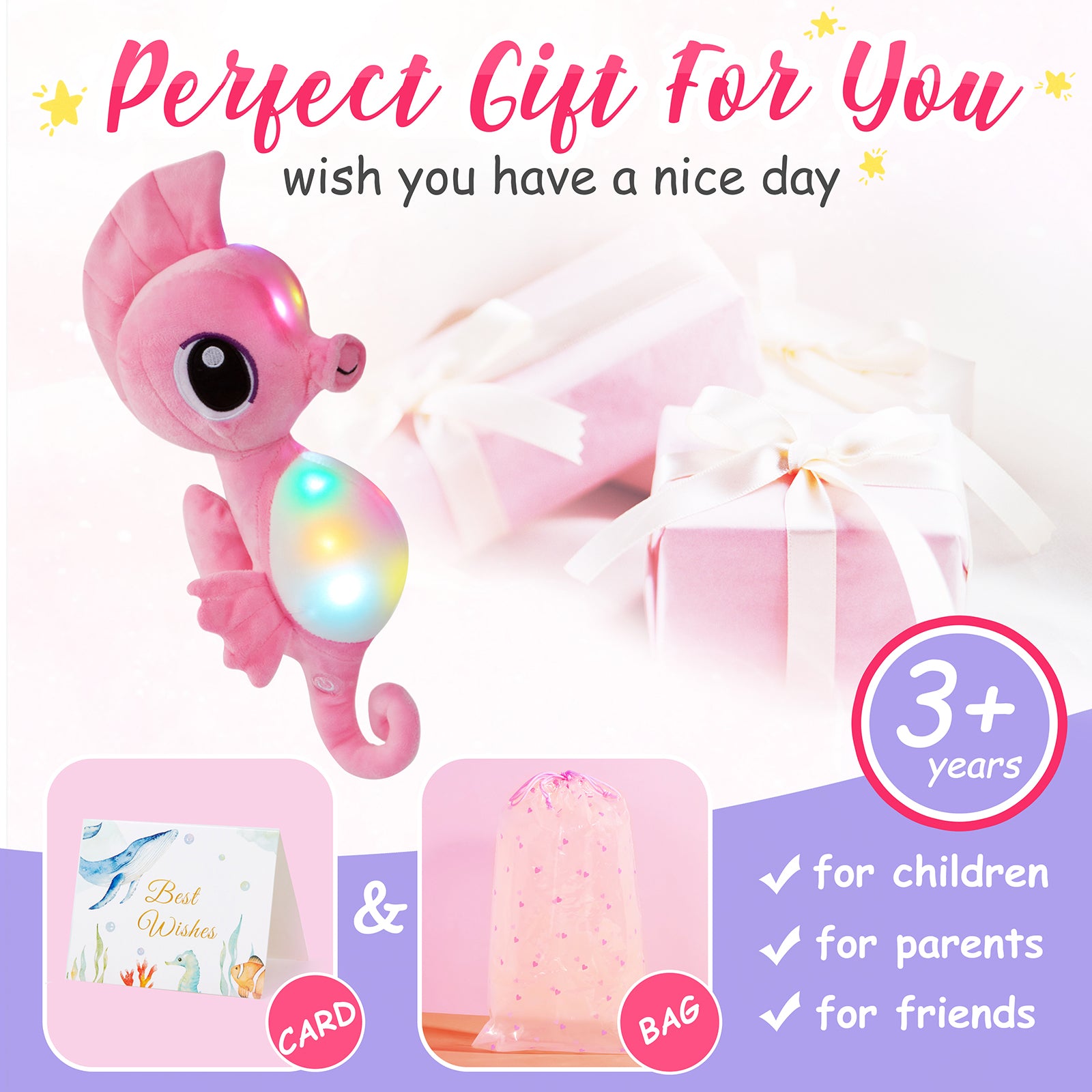 Athoinsu 15'' Light up Seahorse Stuffed Animals LED Ocean Life Soft Plush - Glow Guards