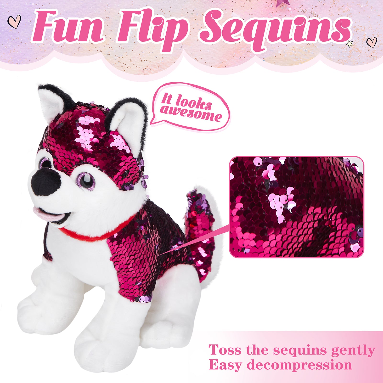 Athoinsu 9'' Flip Sequin Stuffed Husky Puppy Plush - Glow Guards