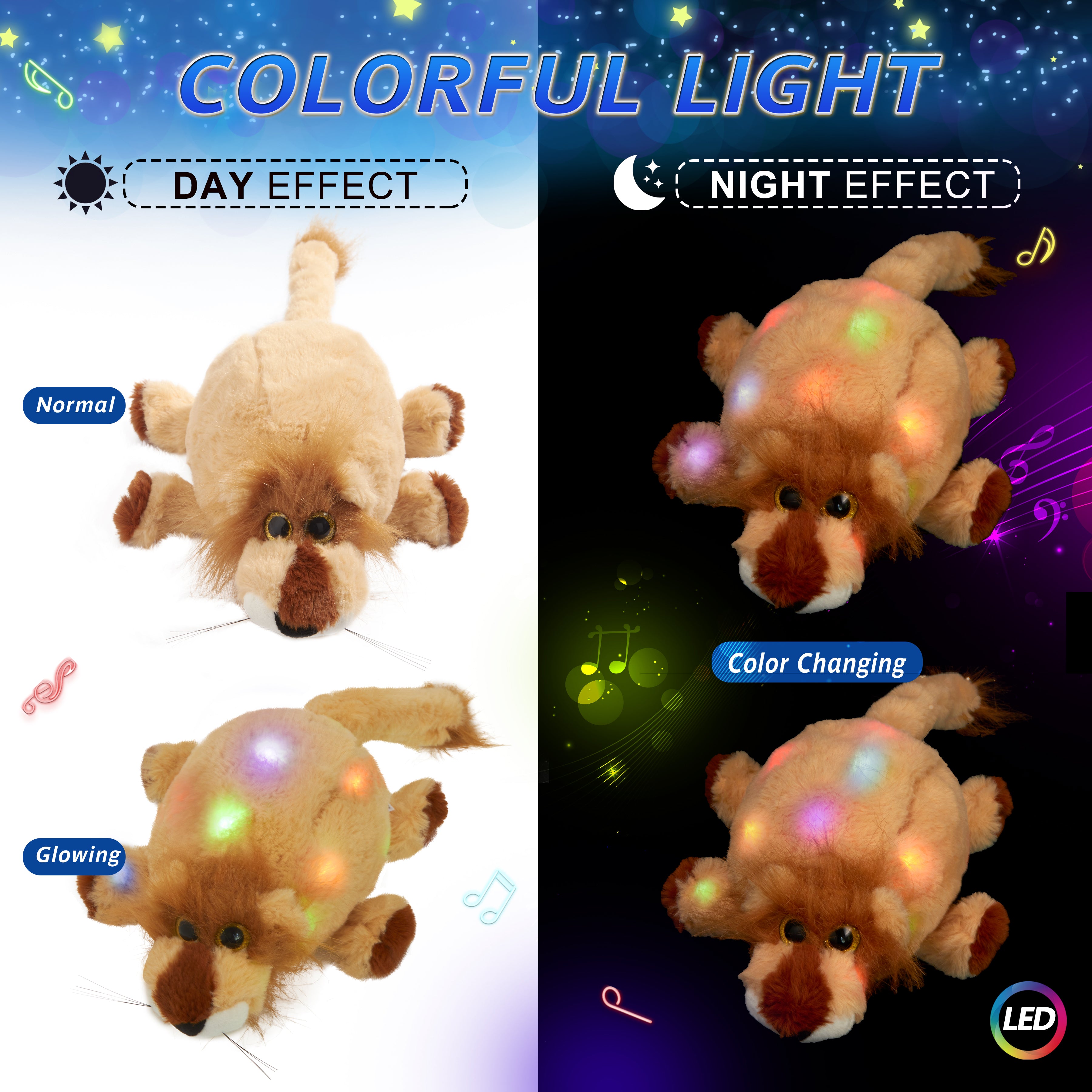 Bstaofy 12’’ Musical Light up Round Stuffed Lion LED Soft Plush - Glow Guards