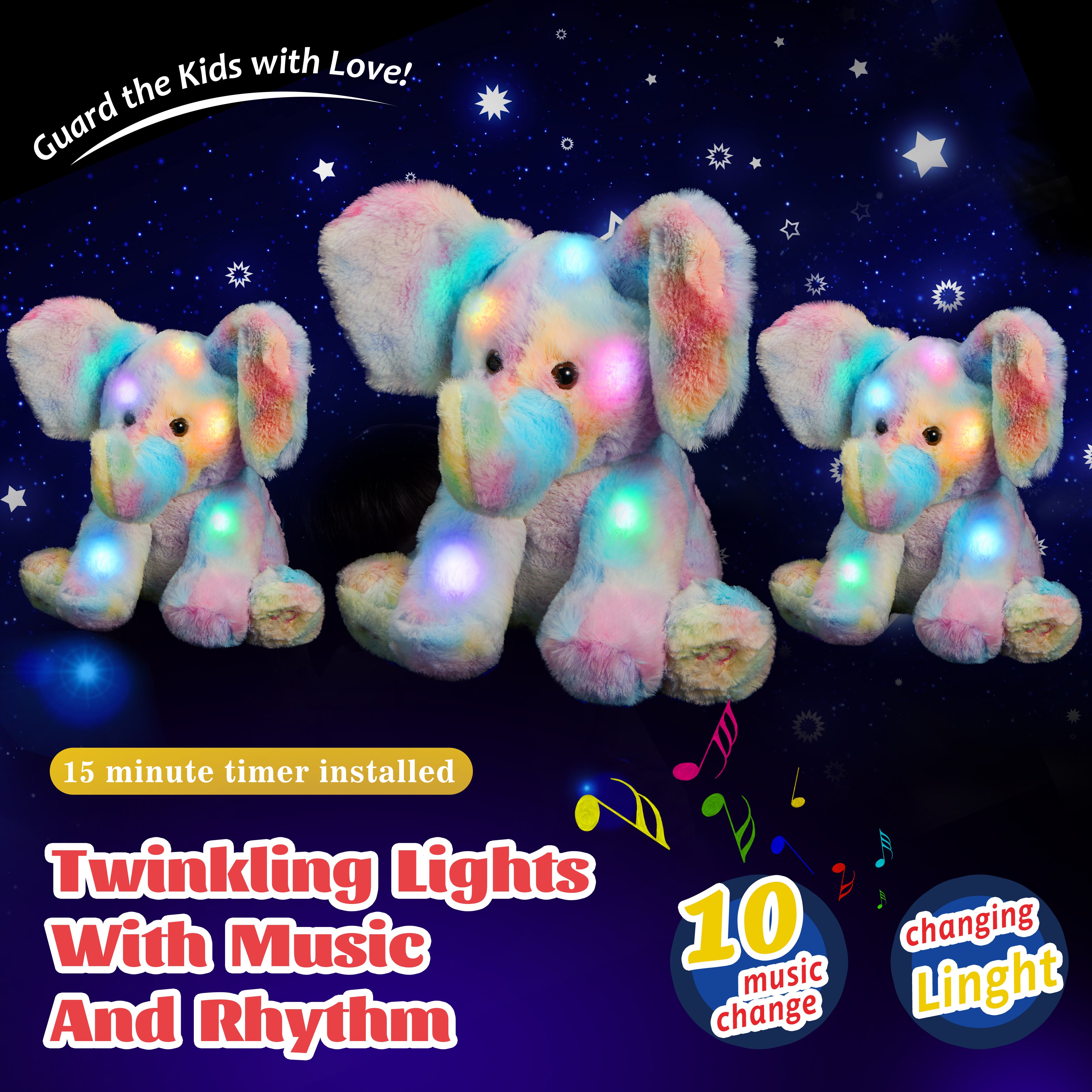 Glow Guards 12’’ Light up Musical Electric Elephant Rainbow Plush - Glow Guards