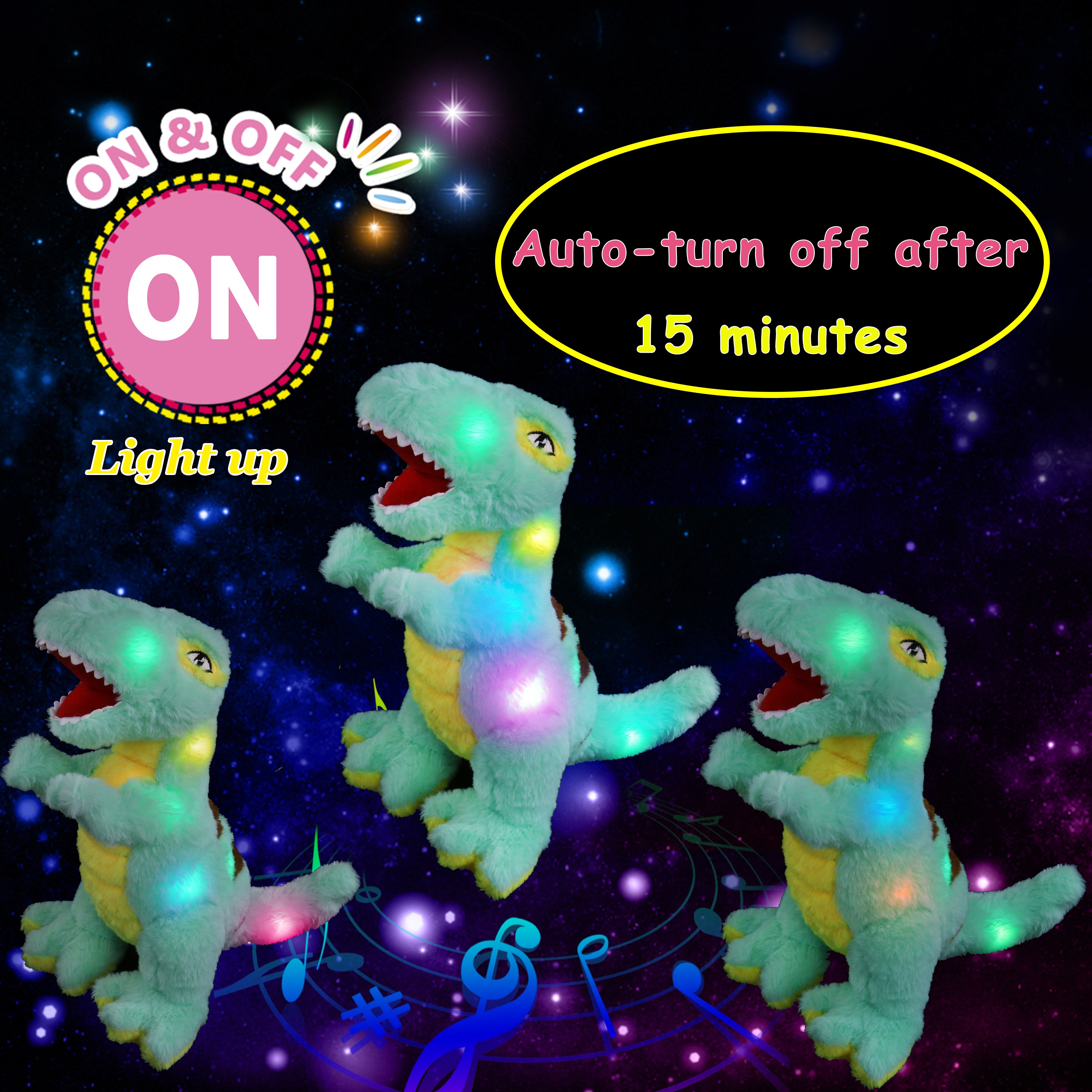 Glow Guards 14’’ Light up Musical T-Rex Stuffed Dinosaur Tyrannosaurus Soft Plush Toy - Glow Guards